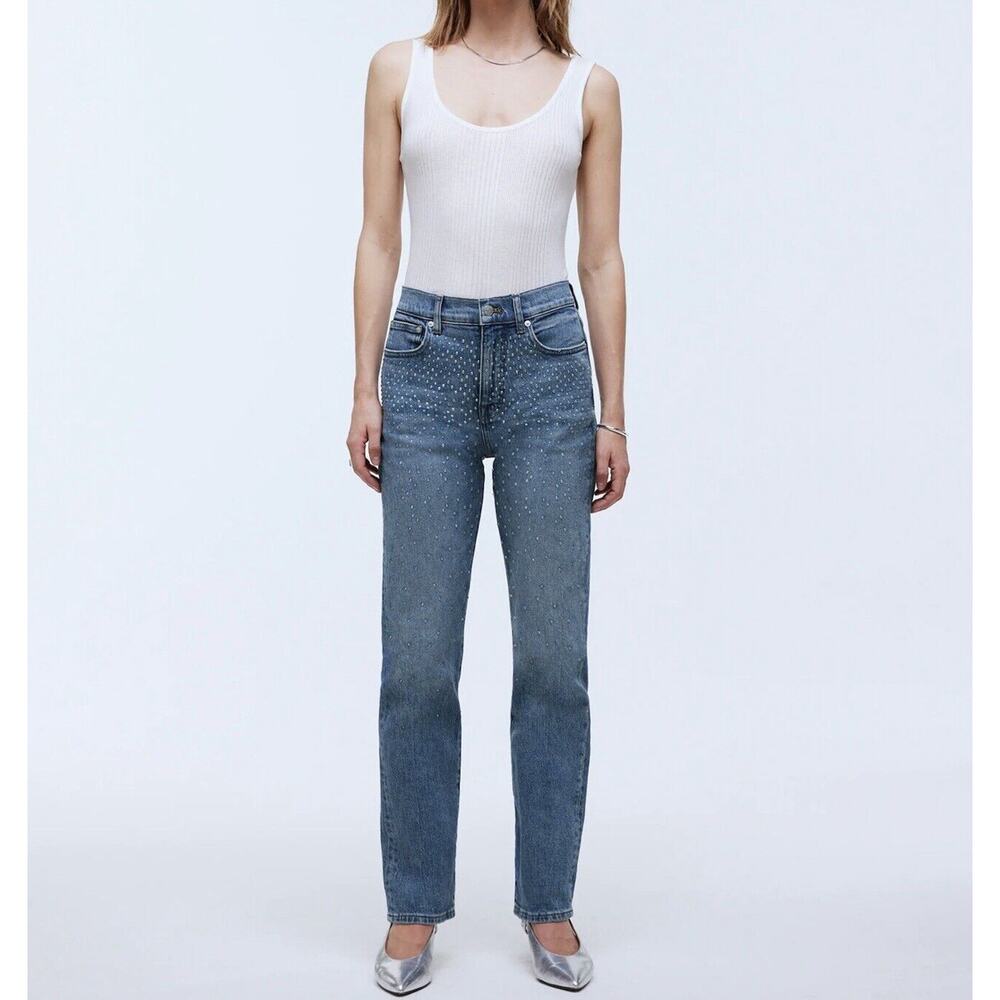 NWT Madewell The 90s Straight Jean 25 Shimmery Clear Rhinestones Enmore Wash